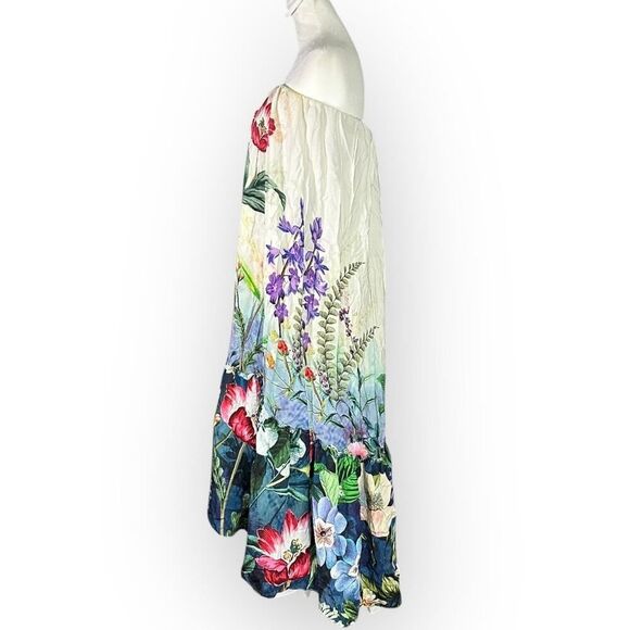 Anthropologie Midi  Dress Women's Med White Blue Floral Strapless Tunic High Low - Picture 4 of 12